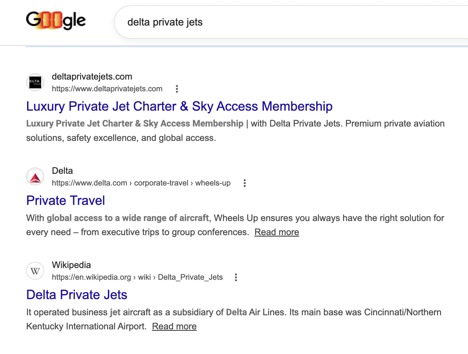 Google search for Delta Private Jets