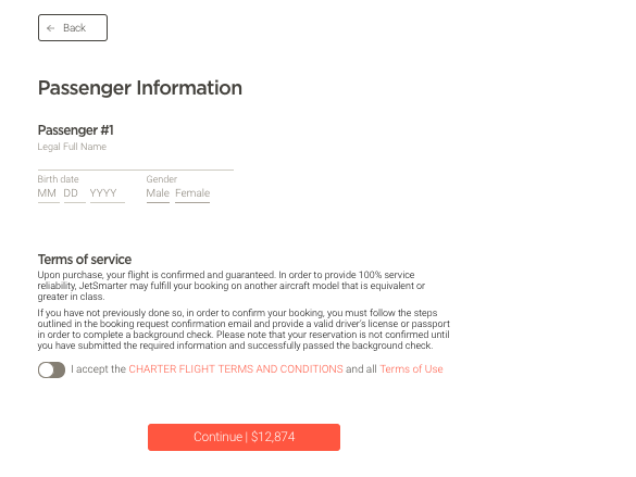 Private Jet charter passenger information