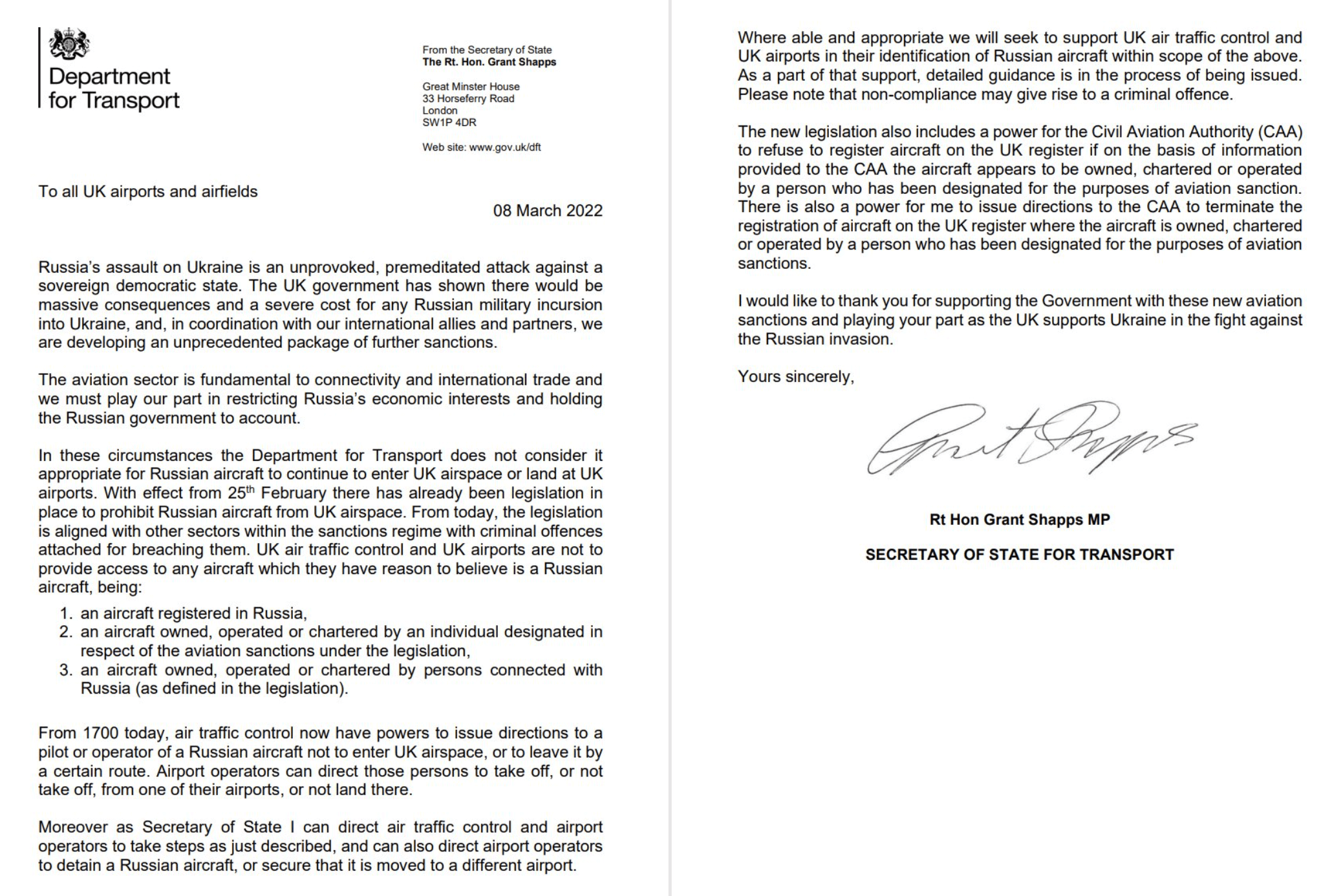 UK Minister Russian charters