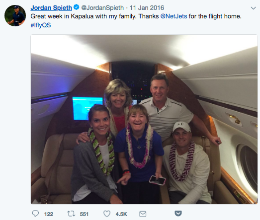 PGA golfer Jordan Spieth on a NetJets private jet