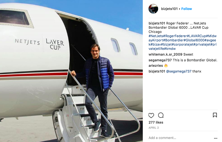 Tennis great Roger Federer on a NetJets private jet