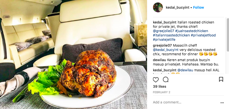 gourmet chicken on a private jet