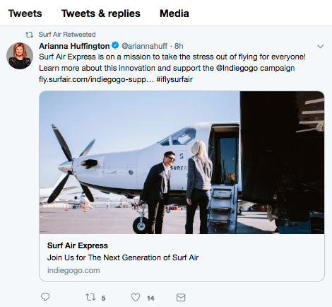 Arianna Huffington Tweest for Surf Air Express