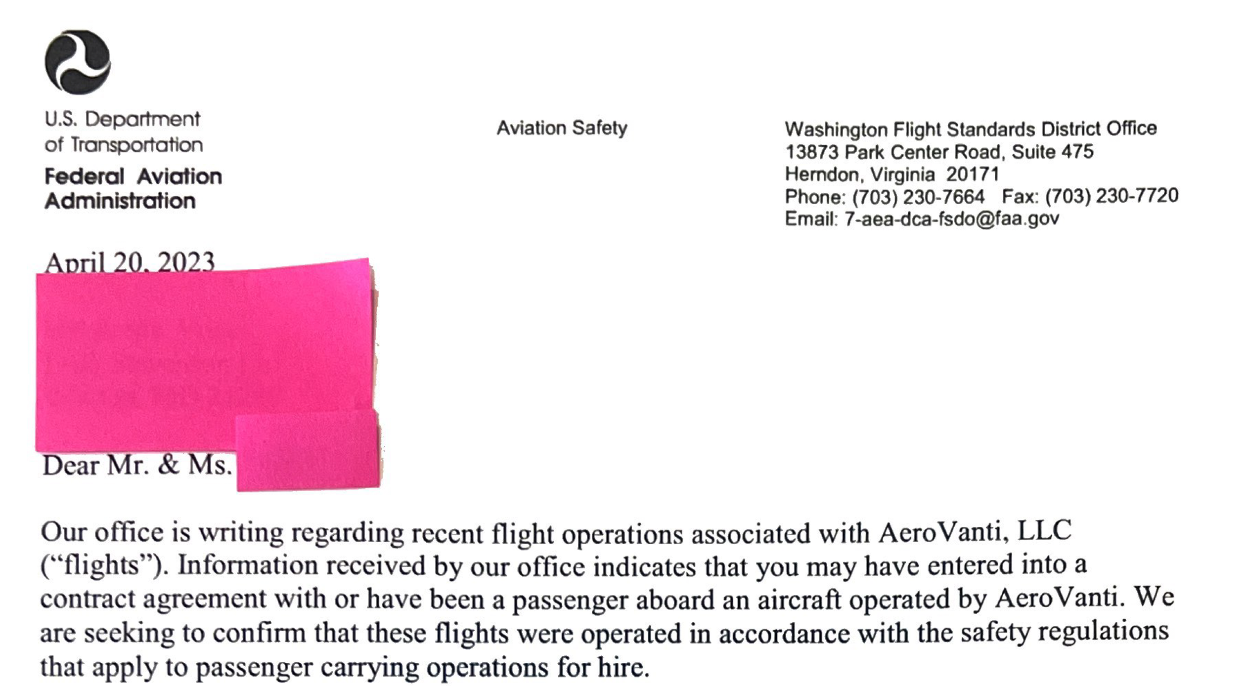 FAA AeroVanti letter